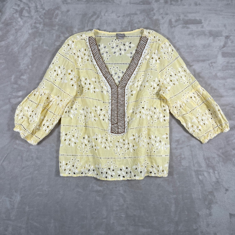 Chico's Women's Blouse Top Eyelet Spring Summer Quarter Puff Sleeve 2 (L) Yellow